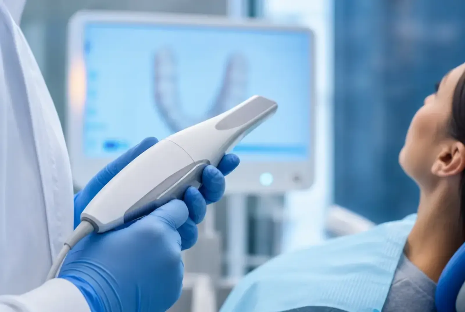 A clinician using a handheld 3D intraoral scanner