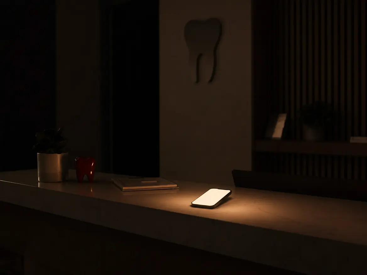 A dark reception desk after closing, one phone screen glowing on the counter
