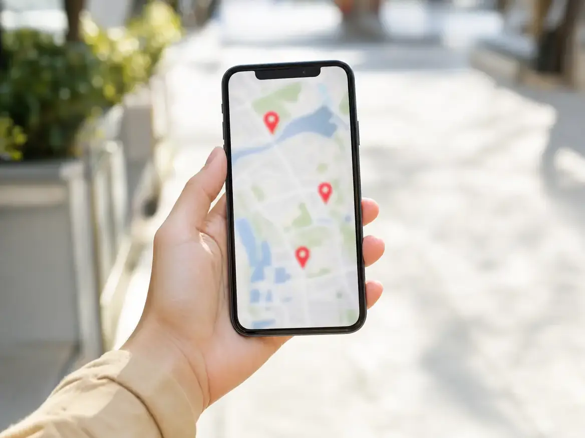 A hand holding a phone above a printed street map, three soft pins on the screen