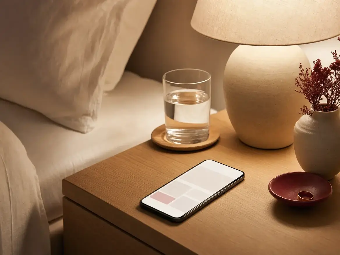 A phone on a nightstand showing bright, soft-focus website blocks