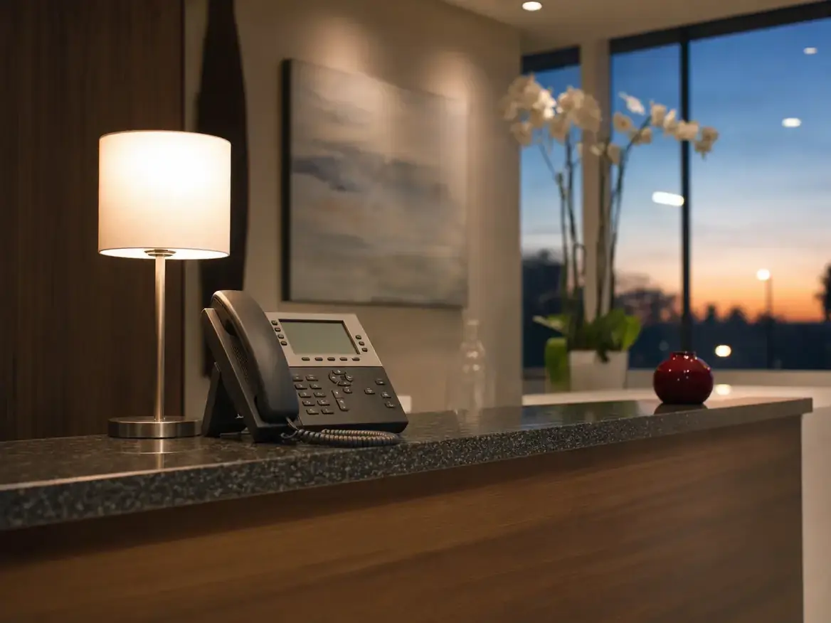 A dental reception desk at dusk with a softly glowing lamp