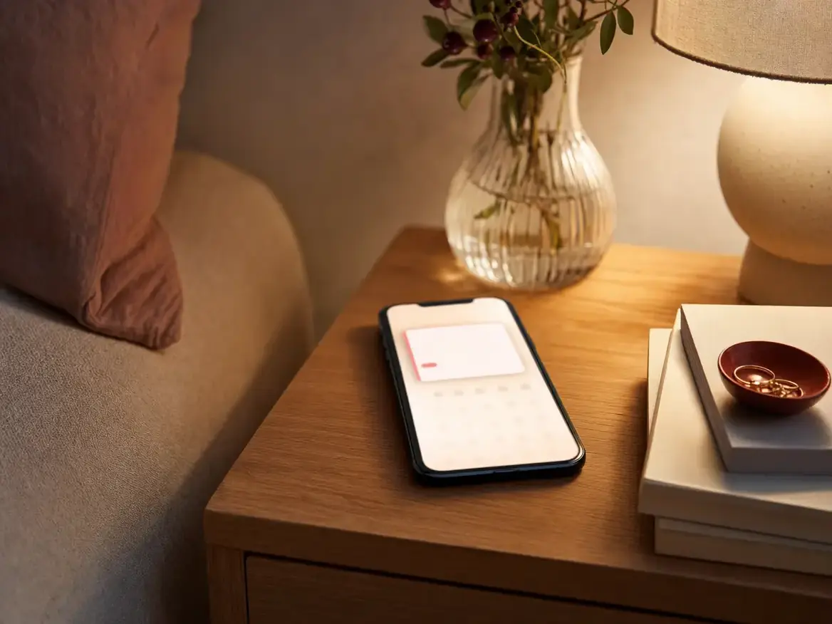 A phone on a nightstand at night under a warm lamp, a calendar-card glow on its screen