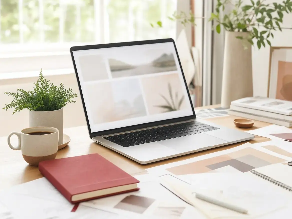 A designer's desk with a laptop showing a bright soft-focus website layout, coffee and a plant