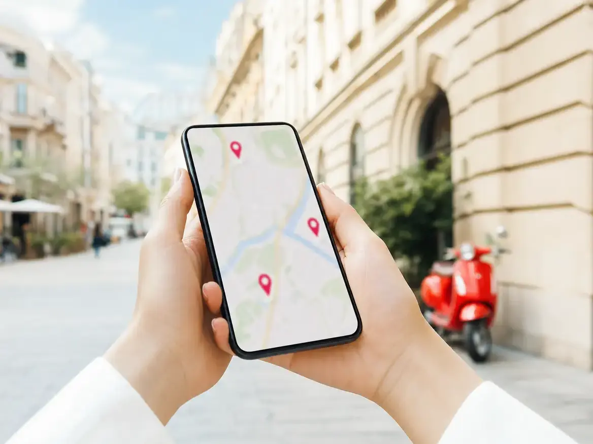 Hands holding a phone on a bright street, a map with three soft pins on the screen