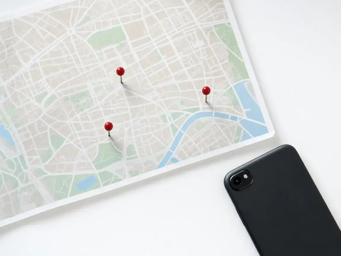 A laptop showing a city map with several location pins