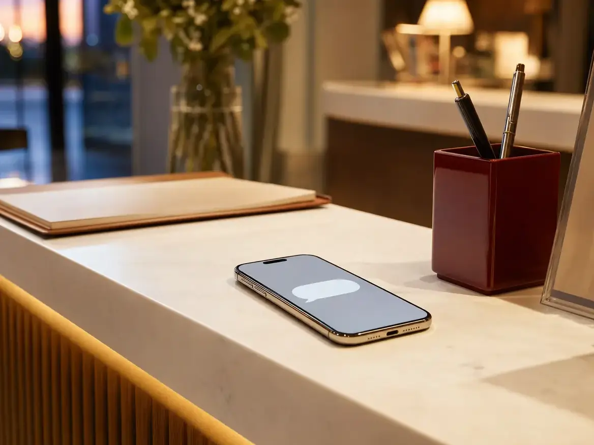 A phone at a reception counter showing an outgoing text message
