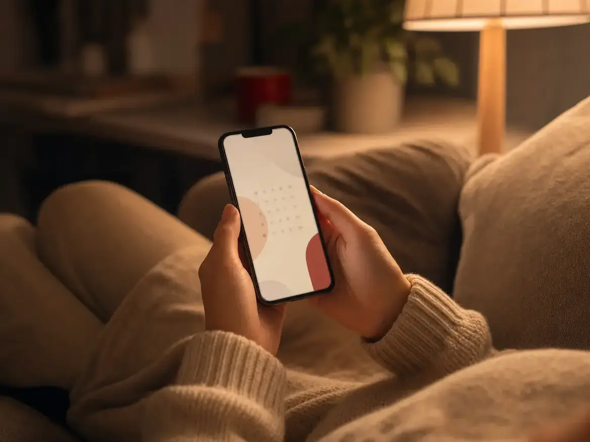 Hands holding a phone with a booking screen at night
