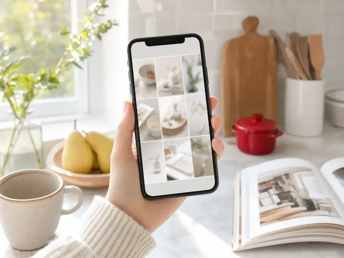 A hand holding a phone showing a dental practice’s photo feed