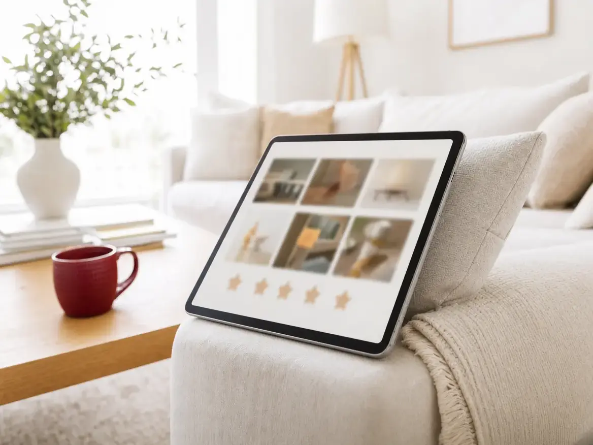 A tablet propped on a sofa arm showing a soft-focus grid of practice photos and five star shapes