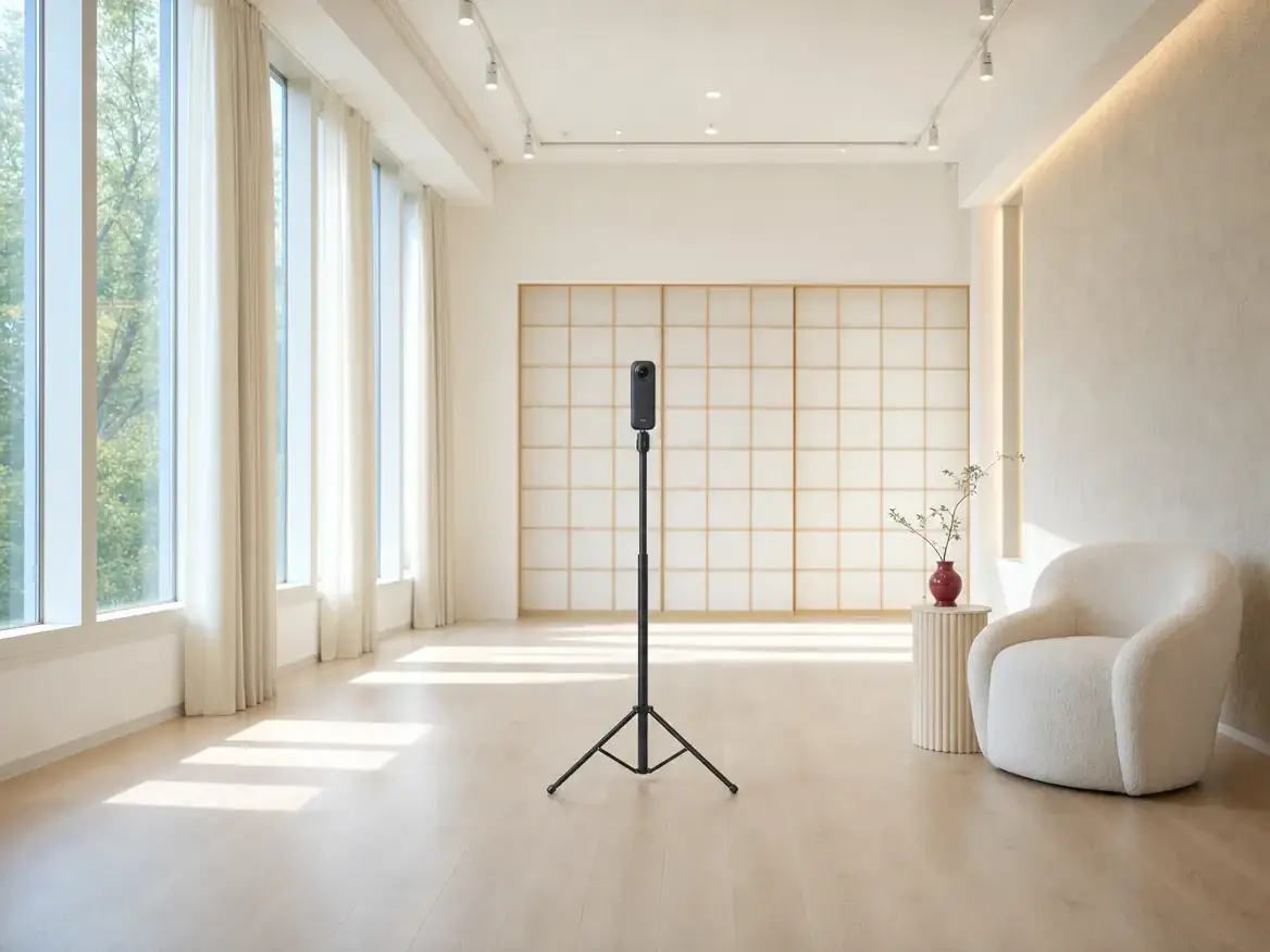 A 360-degree camera on a tripod in a modern dental office lobby