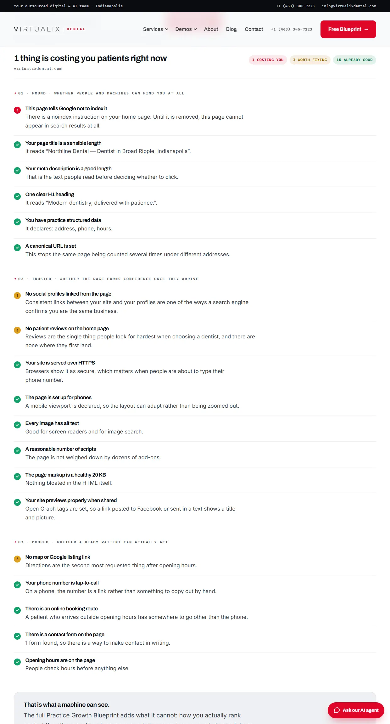 The instant site check run on our own demonstration practice site, findings grouped into Found, Trusted and Booked