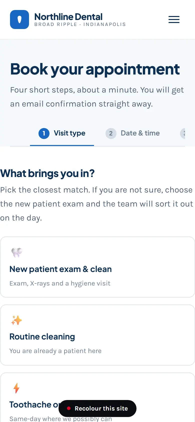 The patient booking flow of the demo practice website on a phone