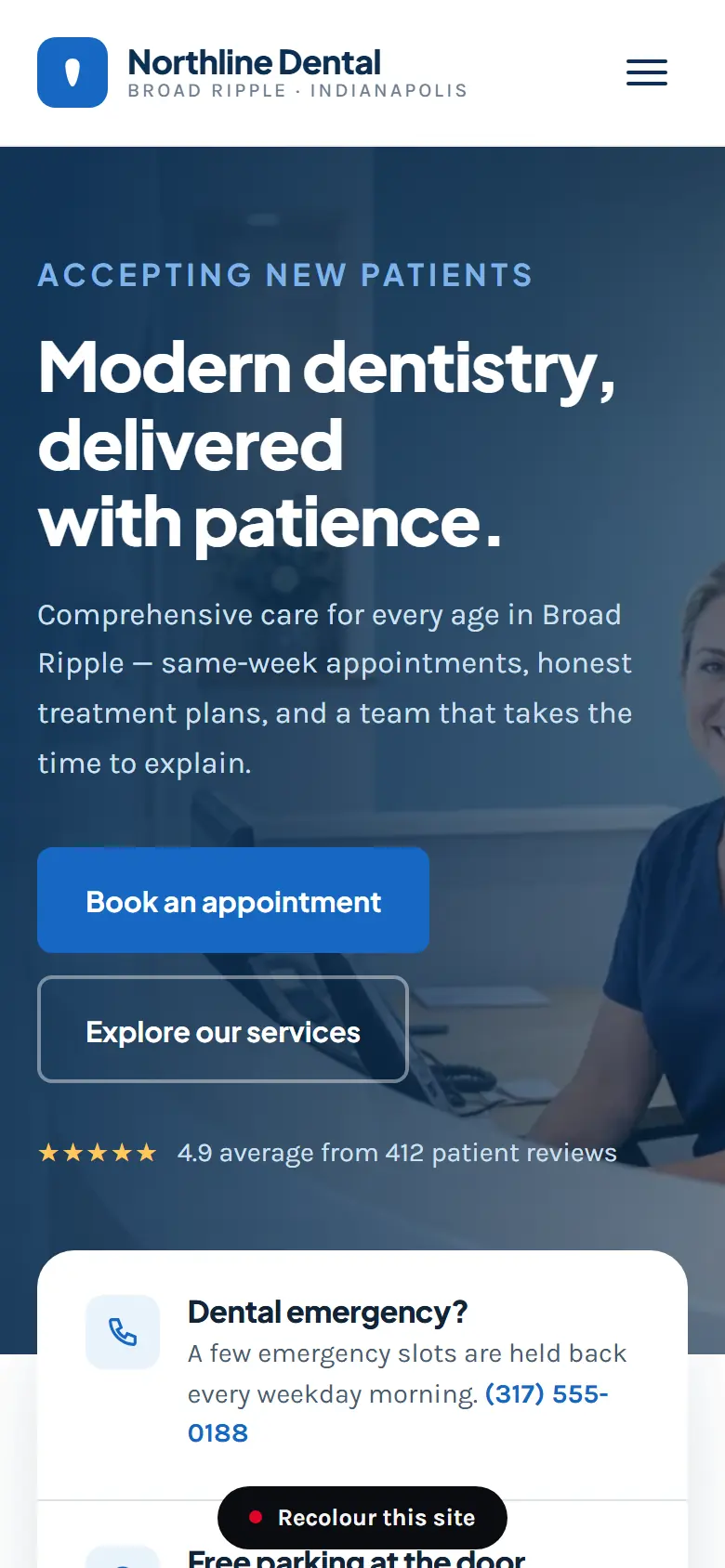 The Northline Dental demo practice website on a phone