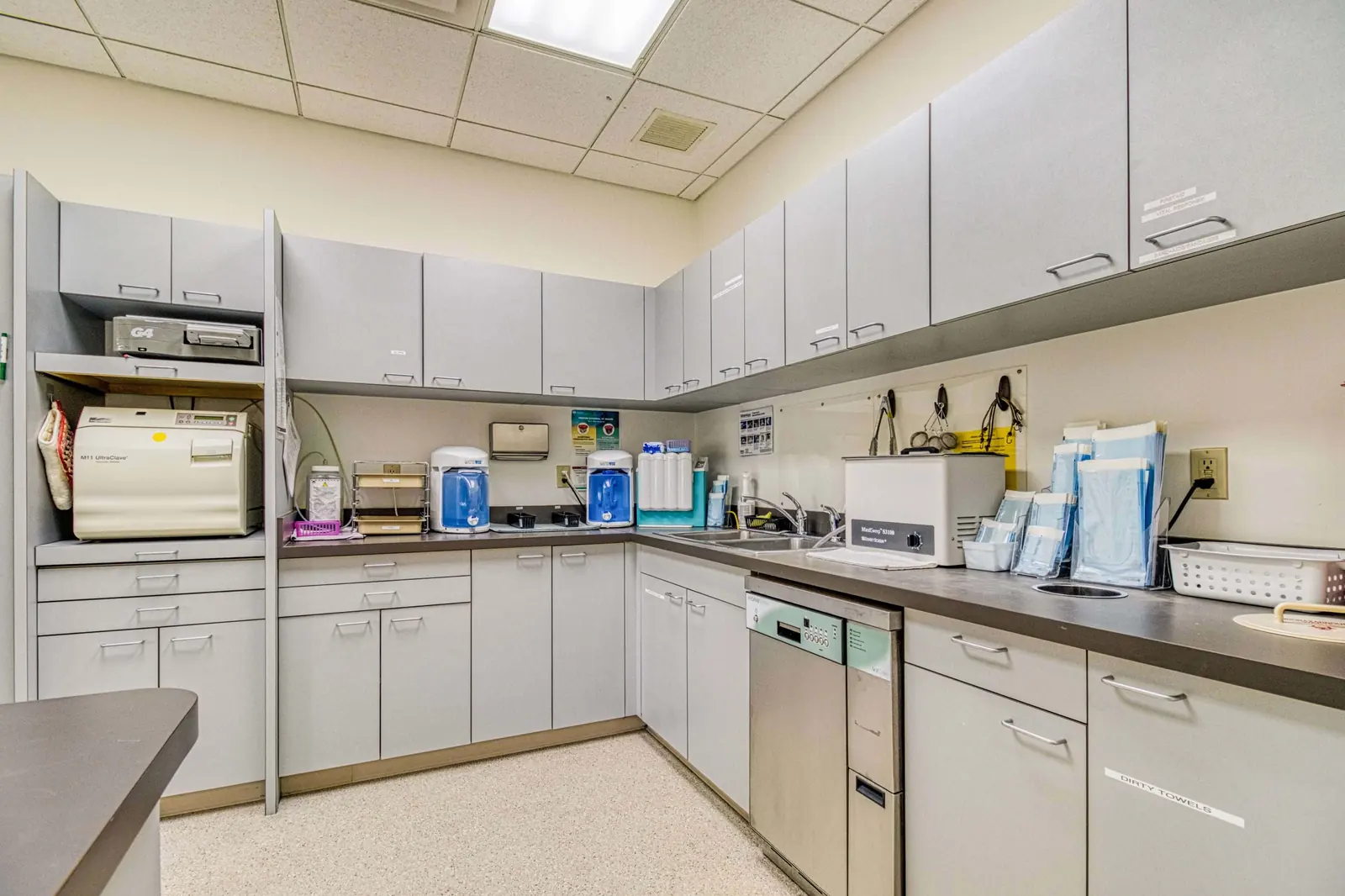 A sterilization bay with instrument cassettes and equipment